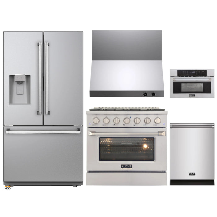 Kucht 5-Piece Appliance Package - 36-Inch Natural Gas Range with 5.2 Cu. Ft. Oven, 36-Inch Refrigerator with Water Dispenser, Dishwasher, Wall Mount Range Hood, & Microwave Wall Oven in Stainless Steel