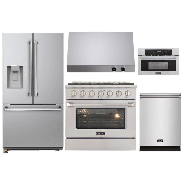 Kucht 5-Piece Appliance Package - 36-Inch Propane Gas Range with 5.2 Cu. Ft. Oven, 36-Inch Refrigerator with Water Dispenser, Dishwasher, Microwave Wall Oven & Under Cabinet Range Hood in Stainless Steel