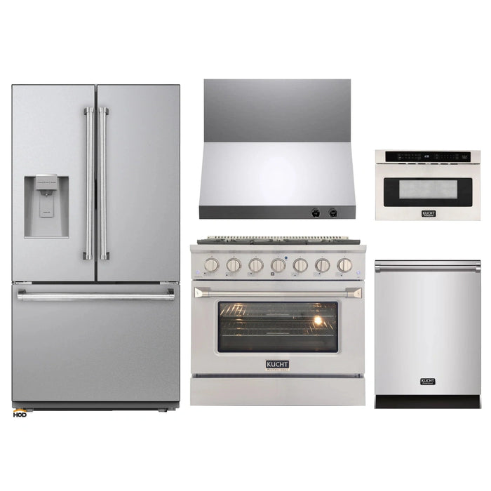 Kucht 5-Piece Appliance Package - 36-Inch Propane Gas Range with 5.2 Cu. Ft. Oven, 36-Inch Refrigerator with Water Dispenser, Dishwasher, Wall Mount Range Hood & Microwave Drawer in Stainless Steel