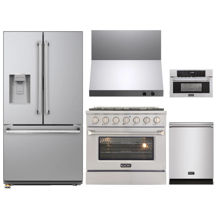 Kucht 5-Piece Appliance Package - 36-Inch Propane Gas Range with 5.2 Cu. Ft. Oven, 36-Inch Refrigerator with Water Dispenser, Dishwasher, Wall Mount Range Hood, & Microwave Wall Oven in Stainless Steel