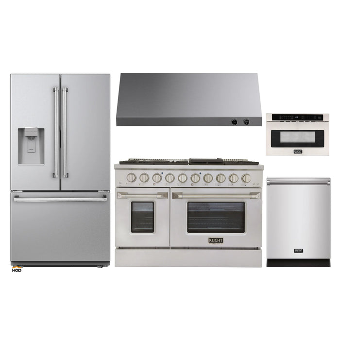 Kucht 5-Piece Appliance Package - 48-Inch Natural Gas Range with 6.7 Cu. Ft. Oven, 36-Inch Refrigerator with Water Dispenser, Dishwasher, Under Cabinet Range & Microwave Drawer in Stainless Steel
