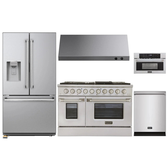 Kucht 5-Piece Appliance Package - 48-Inch Natural Gas Range with 6.7 Cu. Ft. Oven, 36-Inch Refrigerator with Water Dispenser, Dishwasher, Microwave Wall Oven & Under Cabinet Range Hood in Stainless Steel