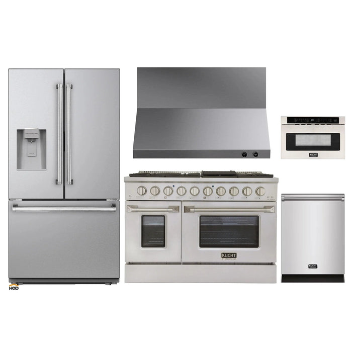 Kucht 5-Piece Appliance Package - 48-Inch Natural Gas Range with 6.7 Cu. Ft. Oven, 36-Inch Refrigerator with Water Dispenser, Dishwasher, Wall Mount Range Hood & Microwave Drawer in Stainless Steel