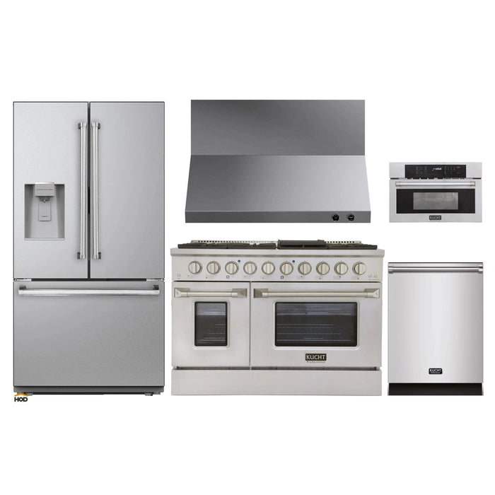 Kucht 5-Piece Appliance Package - 48-Inch Natural Gas Range with 6.7 Cu. Ft. Oven, 36-Inch Refrigerator with Water Dispenser, Dishwasher, Wall Mount Range Hood, & Microwave Wall Oven in Stainless Steel