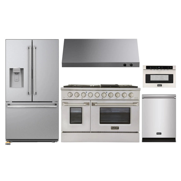 Kucht 5-Piece Appliance Package - 48-Inch Propane Gas Range with 6.7 Cu. Ft. Oven, 36-Inch Refrigerator with Water Dispenser, Dishwasher, Under Cabinet Range & Microwave Drawer in Stainless Steel