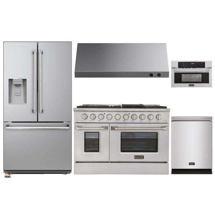 Kucht 5-Piece Appliance Package - 48-Inch Propane Gas Range with 6.7 Cu. Ft. Oven, 36-Inch Refrigerator with Water Dispenser, Dishwasher, Microwave Wall Oven & Under Cabinet Range Hood in Stainless Steel