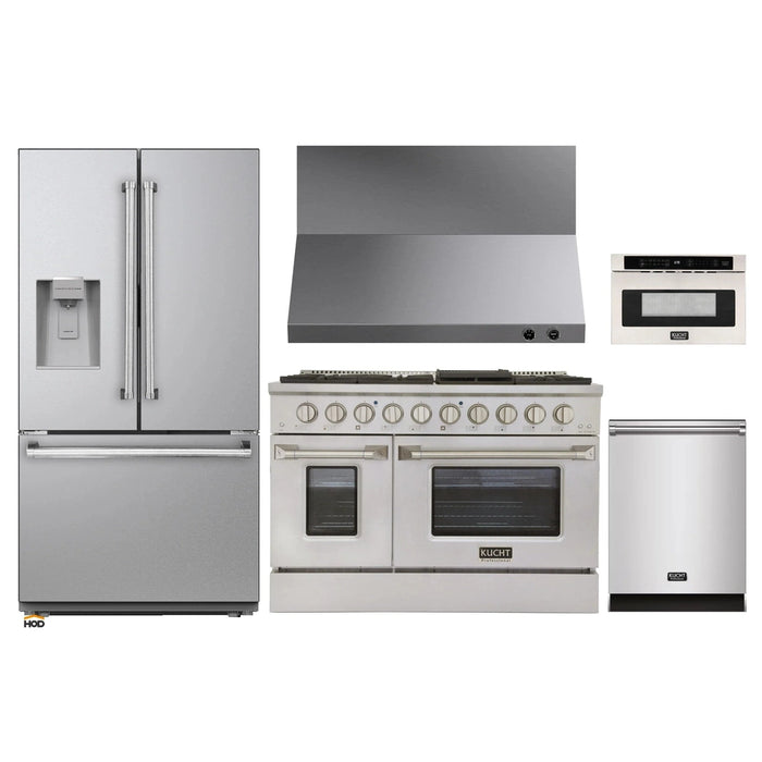 Kucht 5-Piece Appliance Package - 48-Inch Propane Gas Range with 6.7 Cu. Ft. Oven, 36-Inch Refrigerator with Water Dispenser, Dishwasher, Wall Mount Range Hood & Microwave Drawer in Stainless Steel