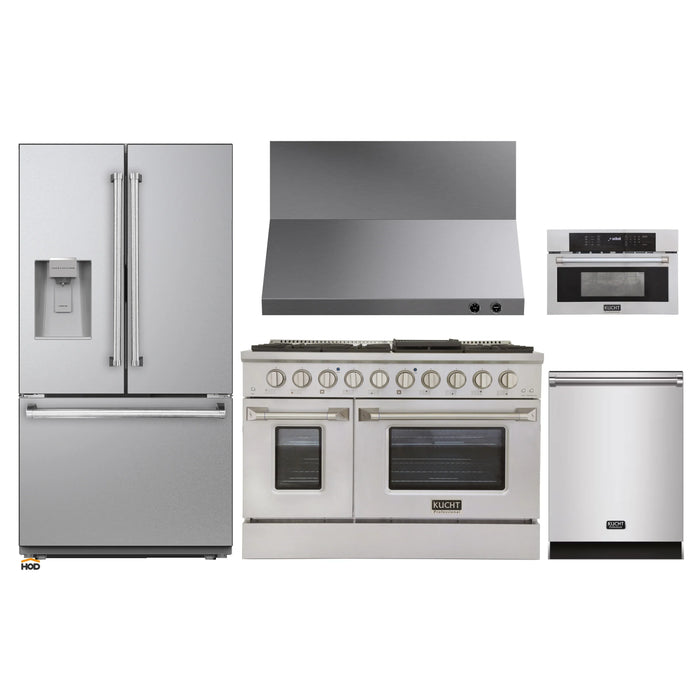 Kucht 5-Piece Appliance Package - 48-Inch Propane Gas Range with 6.7 Cu. Ft. Oven, 36-Inch Refrigerator with Water Dispenser, Dishwasher, Wall Mount Range Hood, & Microwave Wall Oven in Stainless Steel