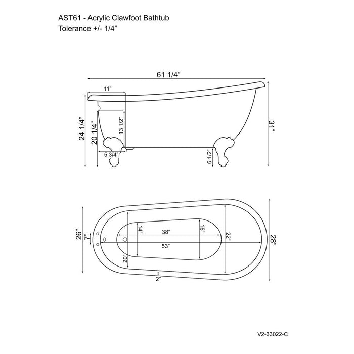 Cambridge Plumbing 61 Inch Acrylic  Slipper Soaking Tub with deckmount faucet holes and Polished Chrome Feet 61Inch AST61-DH-CP