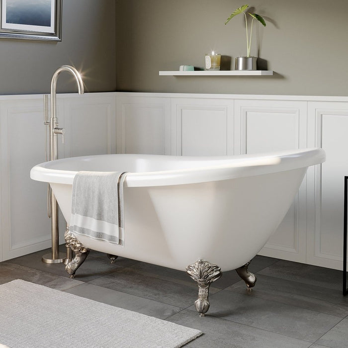 Cambridge Plumbing Acrylic Slipper Soaking Tub with Continuous Rim and Brushed Nickel Feet 61Inch AST61-NH-BN