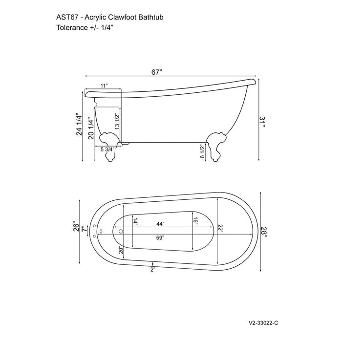 Cambridge Plumbing Acrylic Clawfoot Slipper Soaking Tub with and Polished Chrome Plumbing Package 67Inch AST67-463D-2-PKG-CP-7DH