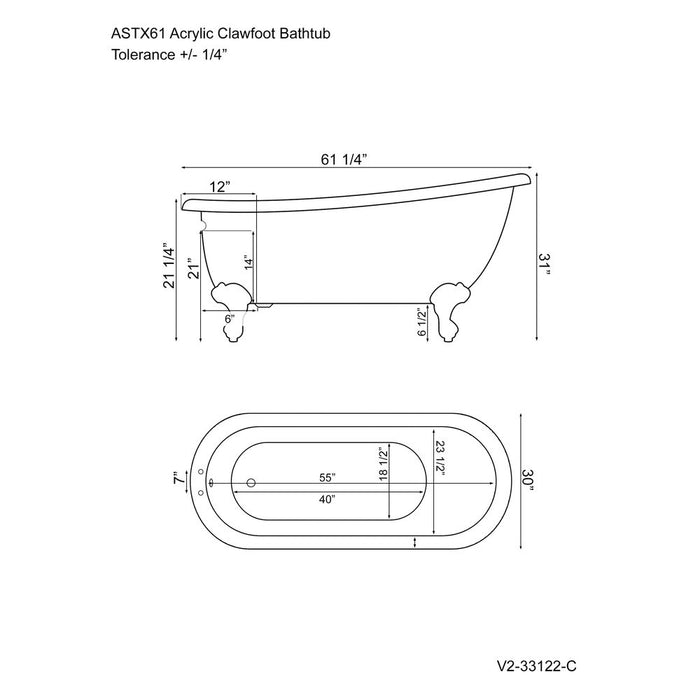 Cambridge Plumbing Extra wide Acrylic Clawfoot Slipper tub with Faucet Holes and Polished Chrome Feet 61Inch AST61XL-DH-CP