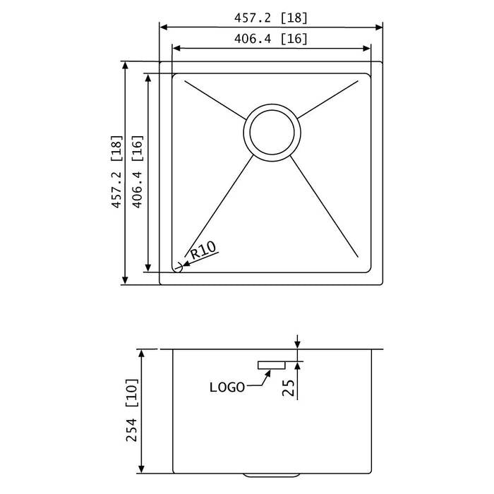 American Imaginations AI-27412 Square Stainless Steel Stainless Steel Kitchen Sink with Stainless Steel Finish