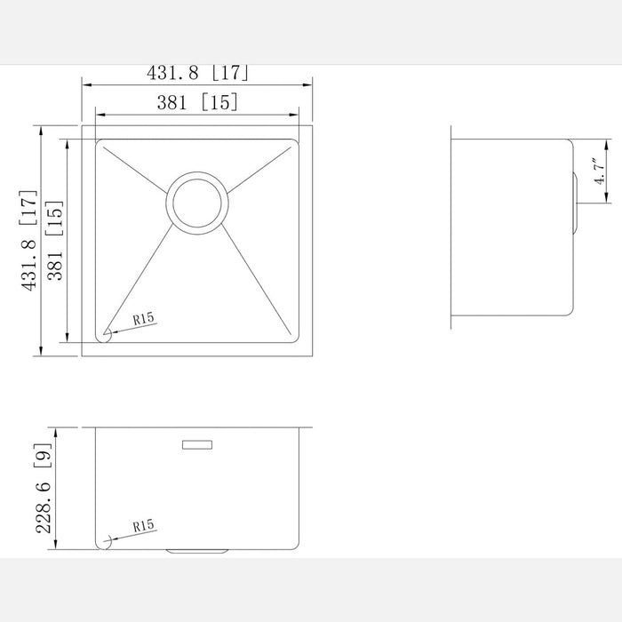 American Imaginations AI-27421 Square Stainless Steel Stainless Steel Kitchen Sink with Stainless Steel Finish