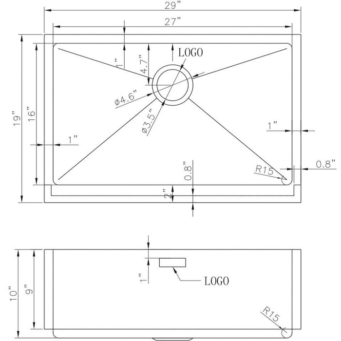 American Imaginations AI-27467 Rectangle Stainless Steel Stainless Steel Kitchen Sink with Stainless Steel Finish