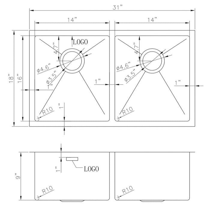 American Imaginations AI-27475 Rectangle Stainless Steel Stainless Steel Kitchen Sink with Stainless Steel Finish