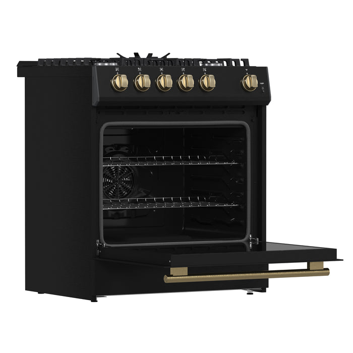 Forno Leonardo Espresso 30-Inch Black Gas Range, 5 Burners, 39,500 BTU, 5 cu.ft Convection Oven