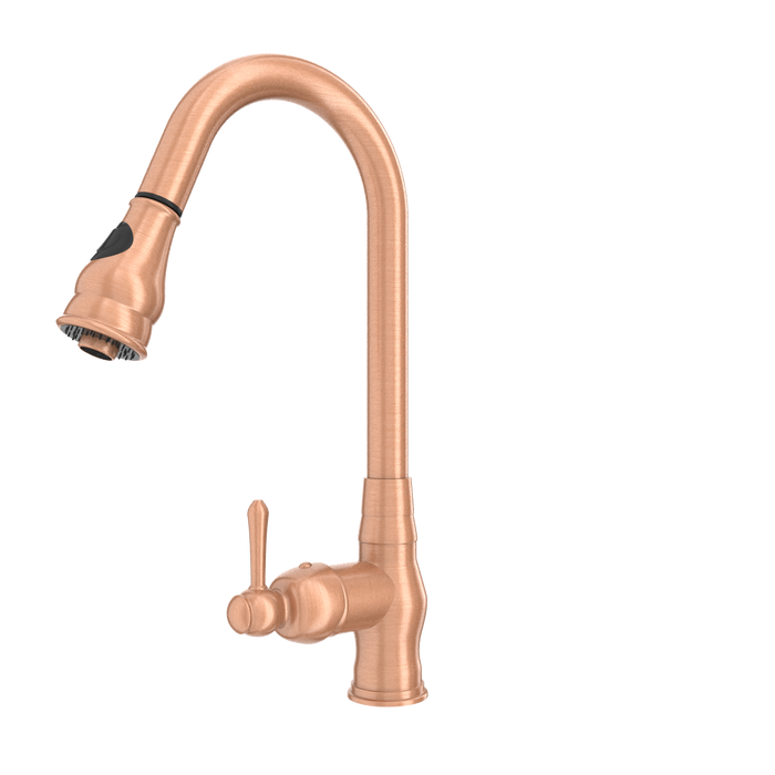 Copper Kitchen Faucet with Soap Dispenser, Single Handle Solid Brass High Arc Pull Down Sprayer Head Kitchen Sink Faucets with Deck Plate