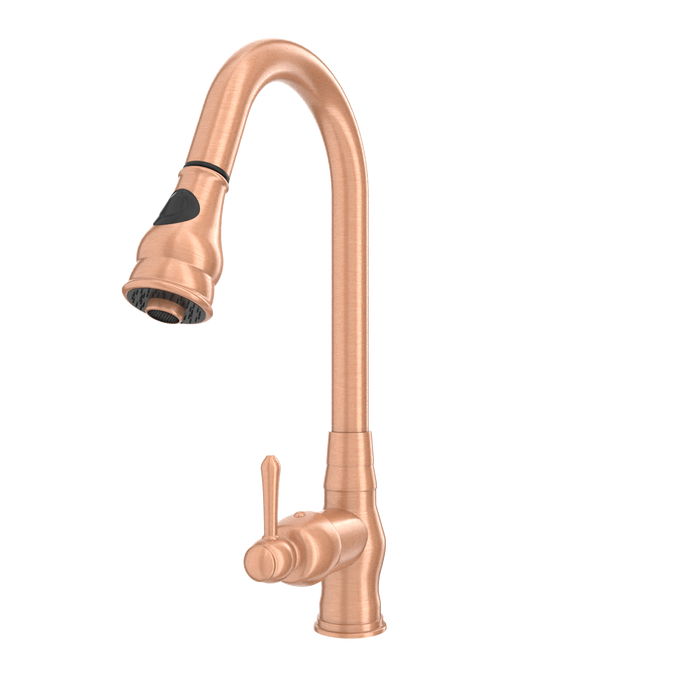 Copper Kitchen Faucet with Soap Dispenser, Single Handle Solid Brass High Arc Pull Down Sprayer Head Kitchen Sink Faucets with Deck Plate