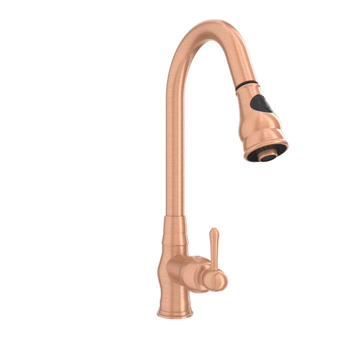 Copper Kitchen Faucet with Soap Dispenser, Single Handle Solid Brass High Arc Pull Down Sprayer Head Kitchen Sink Faucets with Deck Plate