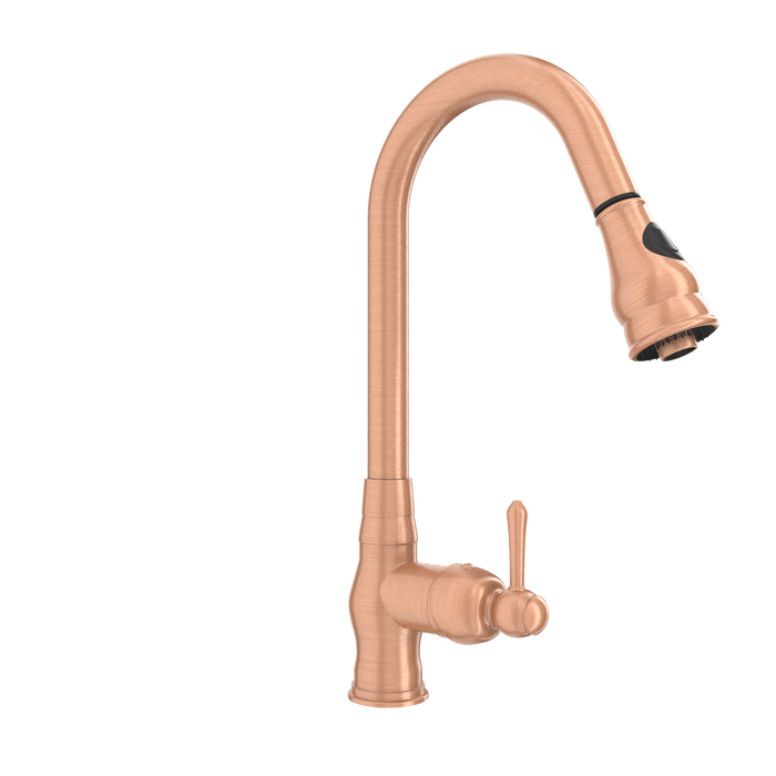 Copper Kitchen Faucet with Soap Dispenser, Single Handle Solid Brass High Arc Pull Down Sprayer Head Kitchen Sink Faucets with Deck Plate