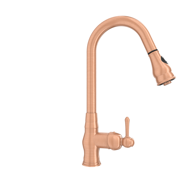 Copper Kitchen Faucet with Soap Dispenser, Single Handle Solid Brass High Arc Pull Down Sprayer Head Kitchen Sink Faucets with Deck Plate