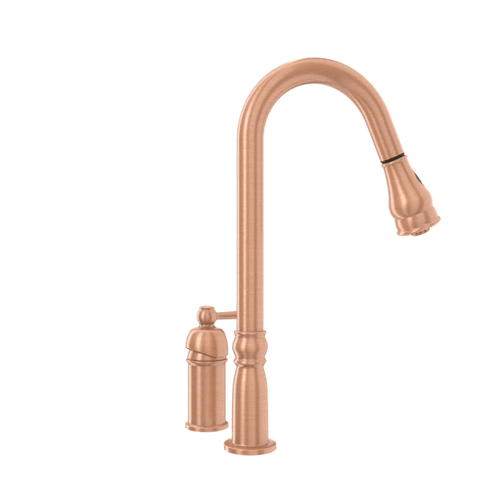 Copper Kitchen Faucet with in-Deck Handle and Soap Dispenser, Single Handle Solid Brass High Arc Pull Down Sprayer Head Kitchen Sink Faucet