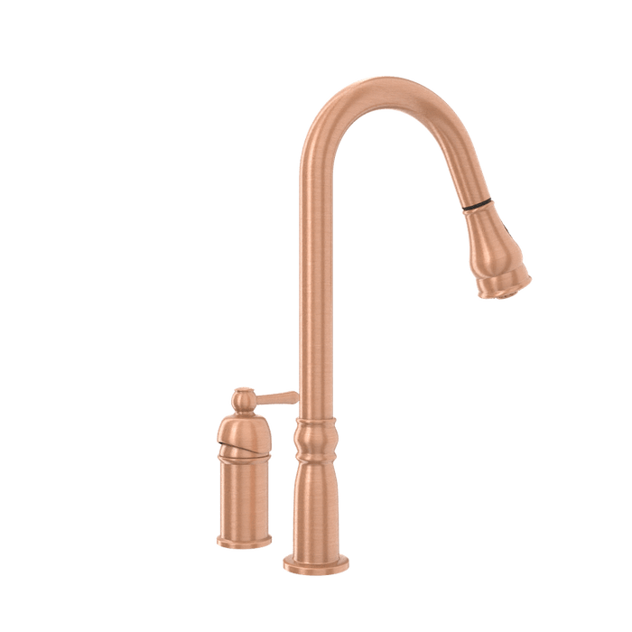 Copper Kitchen Faucet with in-Deck Handle and Soap Dispenser, Single Handle Solid Brass High Arc Pull Down Sprayer Head Kitchen Sink Faucet