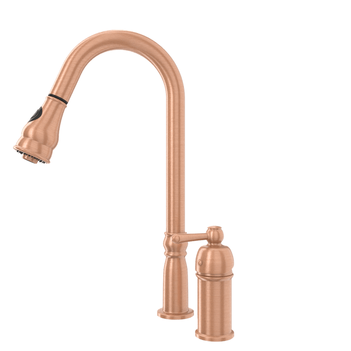 Copper Kitchen Faucet with in-Deck Handle and Soap Dispenser, Single Handle Solid Brass High Arc Pull Down Sprayer Head Kitchen Sink Faucet