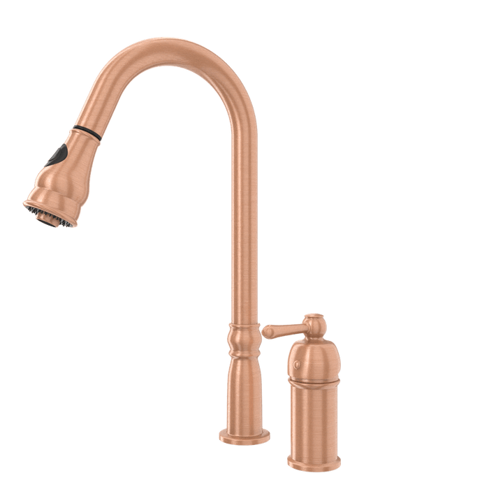 Copper Kitchen Faucet with in-Deck Handle and Soap Dispenser, Single Handle Solid Brass High Arc Pull Down Sprayer Head Kitchen Sink Faucet