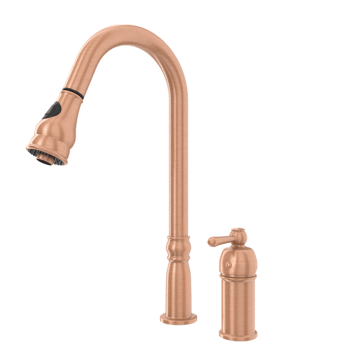 Copper Kitchen Faucet with in-Deck Handle and Soap Dispenser, Single Handle Solid Brass High Arc Pull Down Sprayer Head Kitchen Sink Faucet