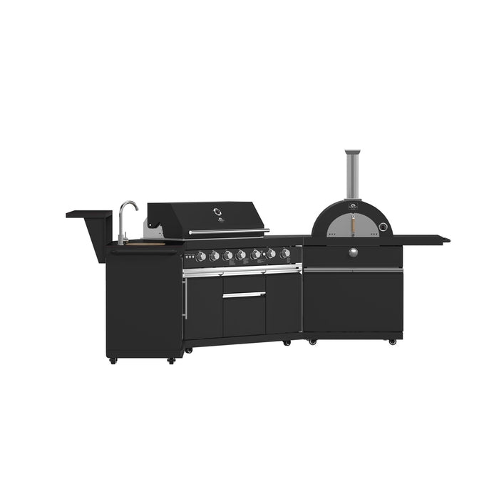 Forno All’Aperto 87,600 BTU Outdoor Kitchen, 4 Burners, Infrared Burners, Side Burner, Black Sintered Stone Countertops, Gas Pizza Oven, Sink Module, Bar & Beverage Center