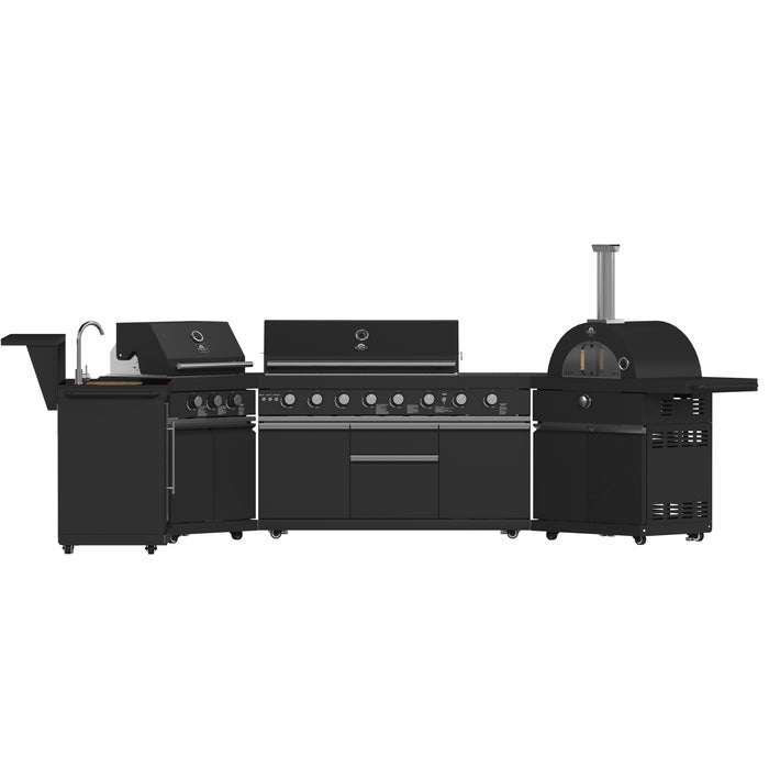 Forno All’Aperto 99,600 BTU Outdoor Kitchen, 5 Burners, Infrared Burners, Side Burner, Black Sintered Stone Countertops, Gas Pizza Oven, Sink Module, Bar & Beverage Center