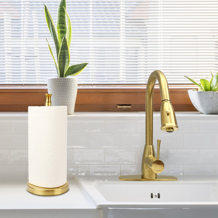 Brushed Gold Paper Towel Holder Roll Dispenser Stand for Kitchen Countertop & Dining Room Table - AK79303-BTG