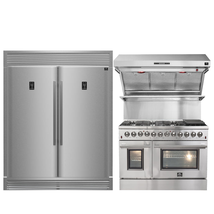 FORNO Premium 3-Piece Kitchen Bundle - FORNO Galiano 48" Freestanding Dual Fuel Range, FORNO Rizzuto 60" W. Dual Combo Convertible Refrigerator, FORNO 48" Wall Mount Range Hood - FBDL-017-02US