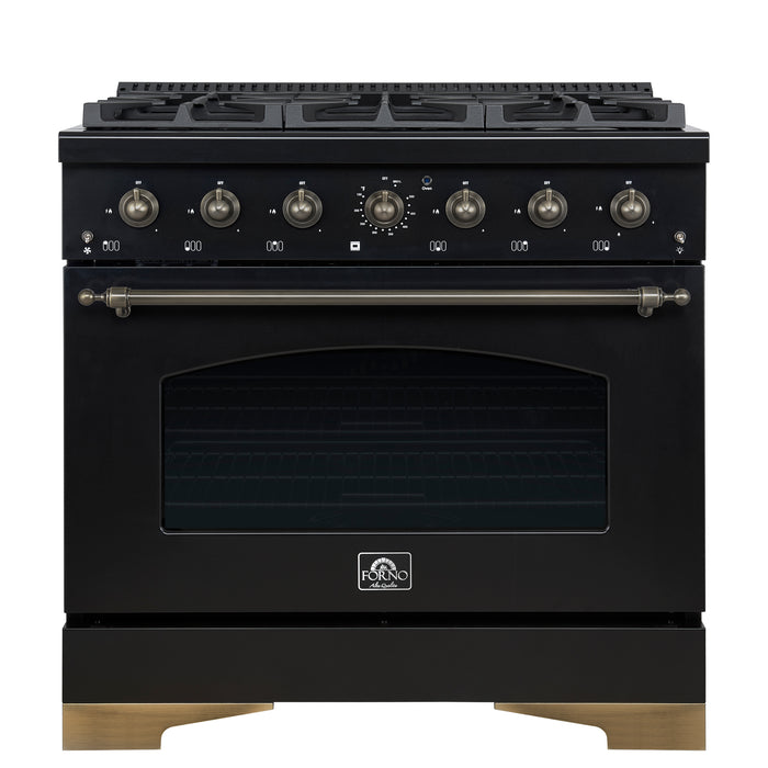 Forno Antico 36-inch Dual Fuel Range, Black and Antique Brass, 6 Burners, 4.5 cu.ft. Convection Oven