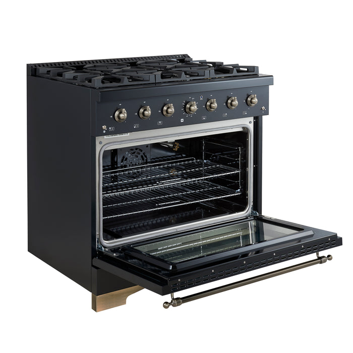 Forno Antico 36-inch Dual Fuel Range, Black and Antique Brass, 6 Burners, 4.5 cu.ft. Convection Oven