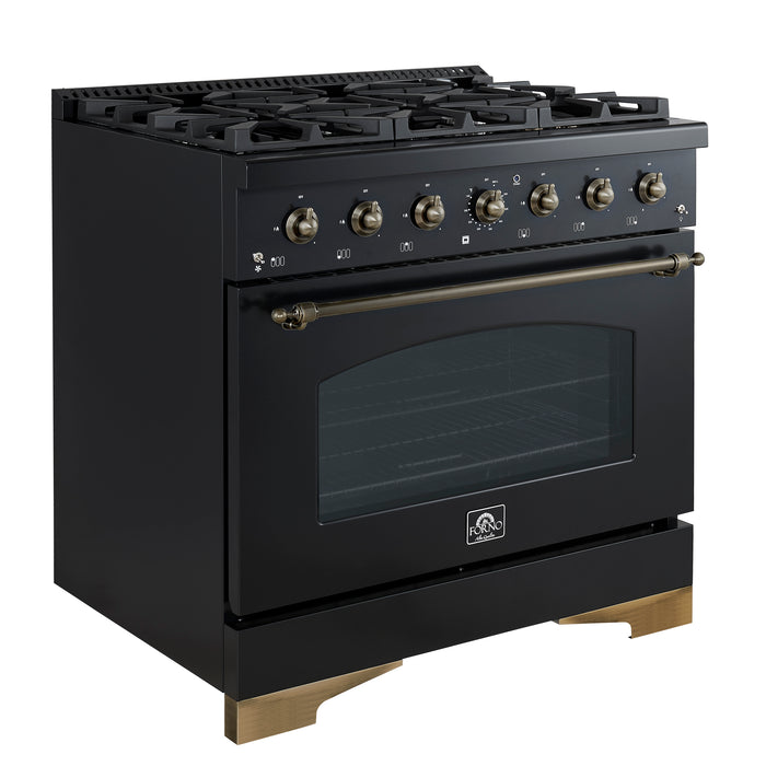 Forno Antico 36-inch Dual Fuel Range, Black and Antique Brass, 6 Burners, 4.5 cu.ft. Convection Oven