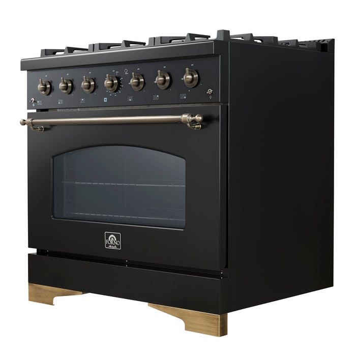 Forno Antico 36-inch Dual Fuel Range, Black and Antique Brass, 6 Burners, 4.5 cu.ft. Convection Oven