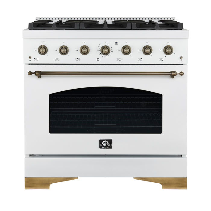 Forno Antico 36-inch Dual Fuel Range White and Antique Brass Design with 6 Sealed Gas Burners and Electric Convection Oven