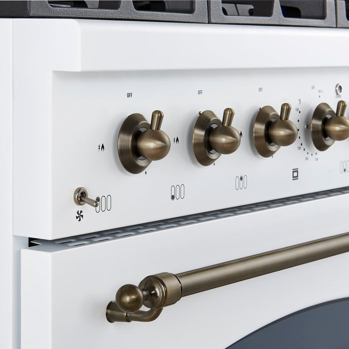 Forno Antico 36-inch Dual Fuel Range White and Antique Brass Design with 6 Sealed Gas Burners and Electric Convection Oven