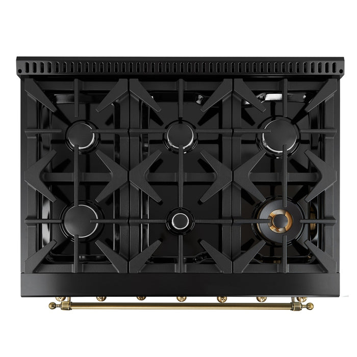 Forno Antico 36-inch Dual Fuel Range, Black and Antique Brass, 6 Burners, 4.5 cu.ft. Convection Oven