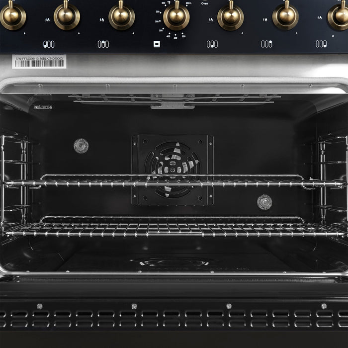 Forno Antico 36-inch Dual Fuel Range, Black and Antique Brass, 6 Burners, 4.5 cu.ft. Convection Oven