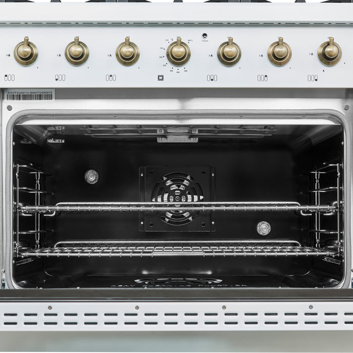 Forno Antico 36-inch Dual Fuel Range White and Antique Brass Design with 6 Sealed Gas Burners and Electric Convection Oven