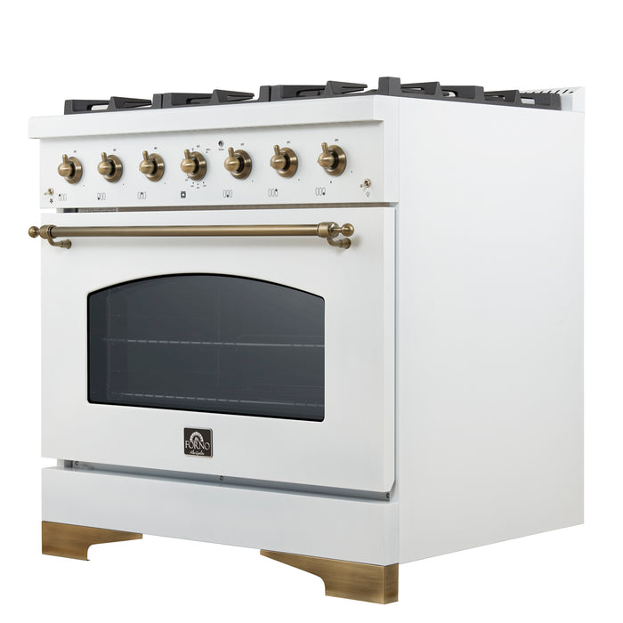 Forno Antico 36-inch Dual Fuel Range White and Antique Brass Design with 6 Sealed Gas Burners and Electric Convection Oven