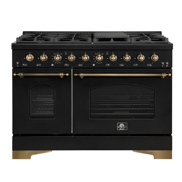 Forno Antico 48-Inch Dual Fuel Range, Black with Antique Brass Finish, 8 Burners, 94,000 BTU, 5.5 cu.ft. Double Ovens & Griddle