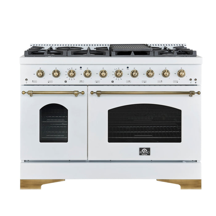 Forno Antico 48-Inch Dual Fuel Range, White with Antique Brass Finish, 8 Burners, 94,000 BTU, 5.5 cu.ft. Double Ovens & Griddle