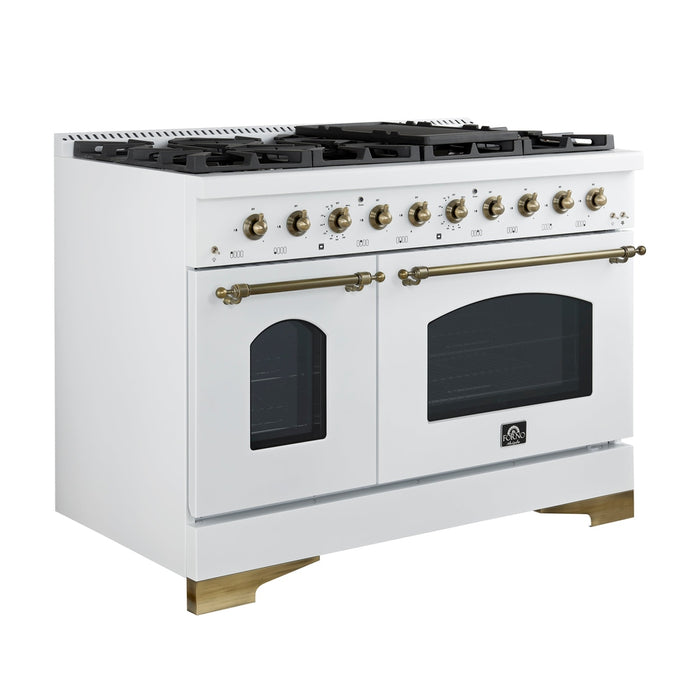 Forno Antico 48-Inch Dual Fuel Range, White with Antique Brass Finish, 8 Burners, 94,000 BTU, 5.5 cu.ft. Double Ovens & Griddle