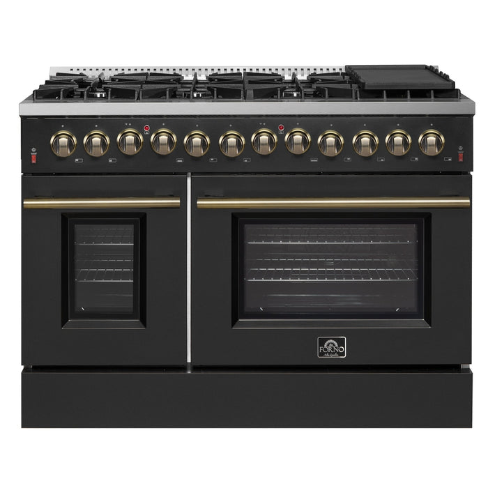 Galiano 48-inch Dual Fuel Range Black & Antique Brass Design with 8 Sealed Burners 107,000 BTU, 6.58 cu. ft. double ovens & Griddle