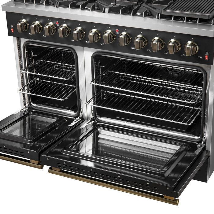 Galiano 48-inch Dual Fuel Range Black & Antique Brass Design with 8 Sealed Burners 107,000 BTU, 6.58 cu. ft. double ovens & Griddle